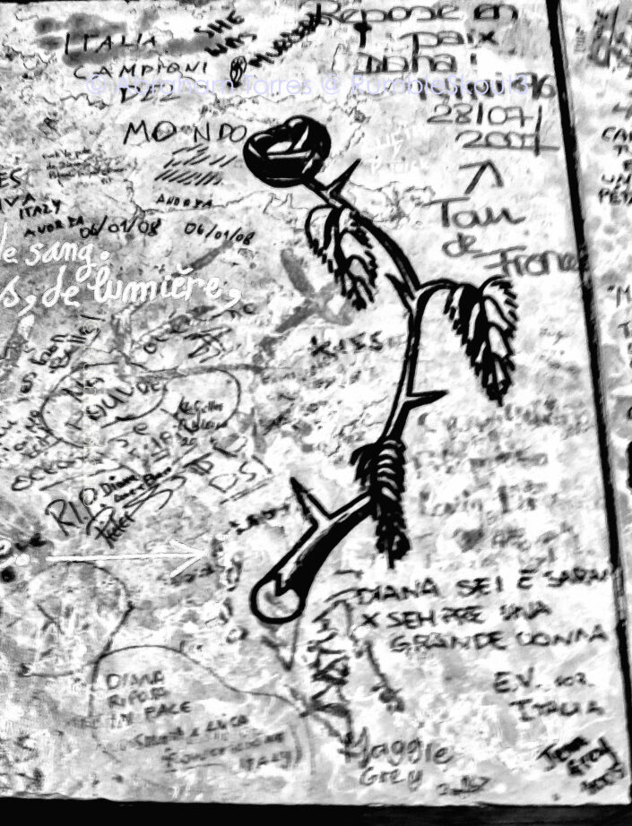 A Graffiti Rose (Paris graffiti) for Princess Diana at Pont de l'Alma Bridge in the 1st arrondissement of Paris ((black and white).