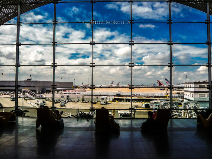 A relaxing view, as Air France goes on by, from large airport windows at Paris Charles de Gaulle Airport, Paris says goodbye! Au Revoir de Gaulle until next time