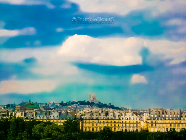 From the roof terrace, Musée d'Orsay Terrasse d'Été - Summer Terrace, a view of the Basilique du Sacré-Cœur de Montmartre) from the 7th arrondissement de Paris. Azul Royale