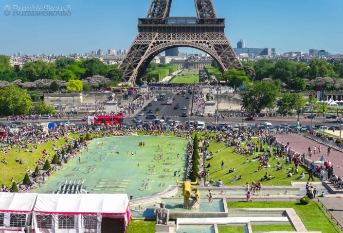 Panorama Stitching of (3) files to capture Eiffel Gravity around the 7th & 16th arrondissements de Paris from Jardins du Trocadéro and people near and below Eiffel Tower on the Champs de Mars.