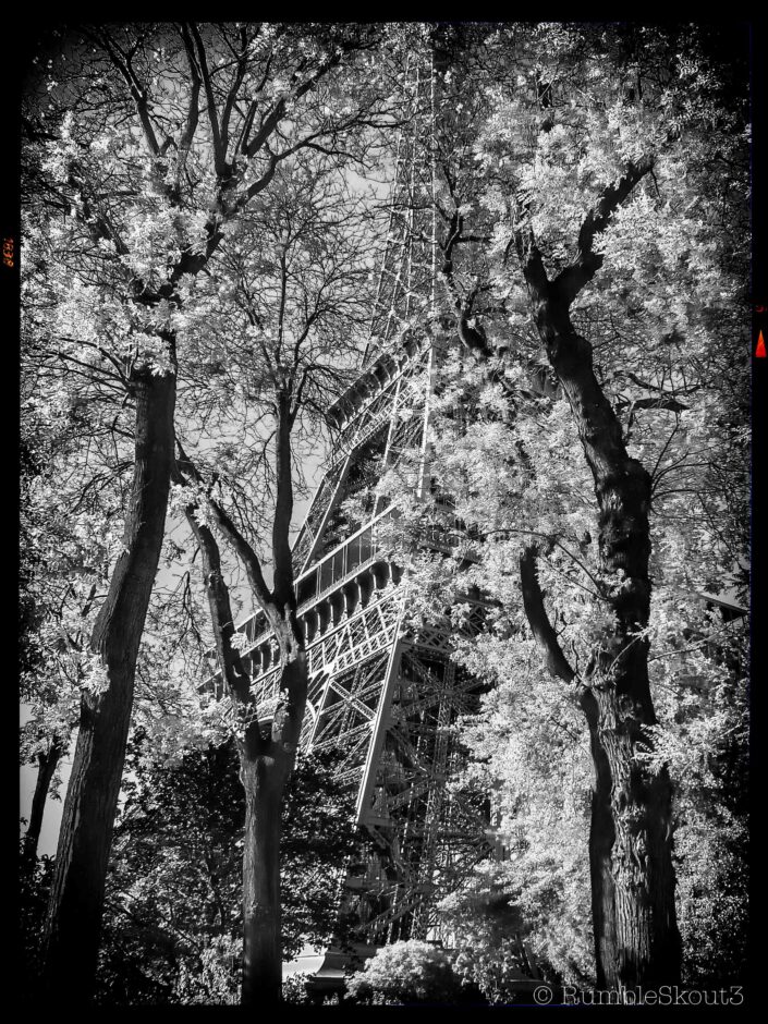 A black & white digital darkroom creation of snow falling on the Eiffel Tower in the Champs de Mars, 7th arrondissement of Paris.