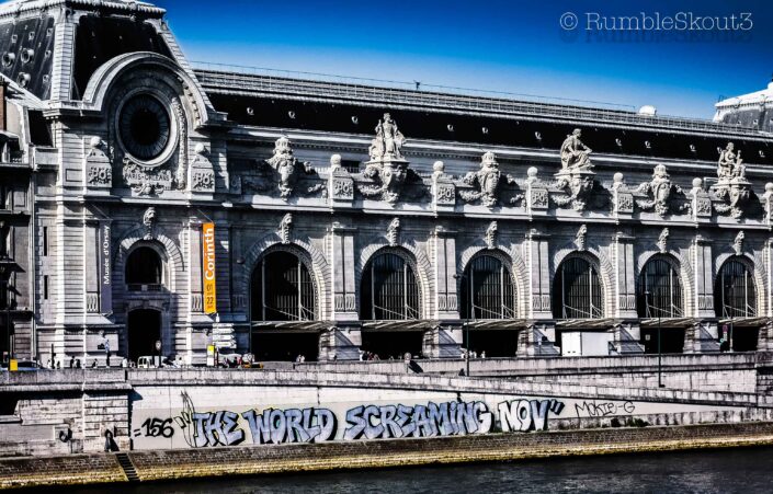 The Mokie-G graffiti tag: "The World is Screaming" from the Musée d'Orsay, River Seine at the 7th arrondissement de Paris. (Paris Graffiti)