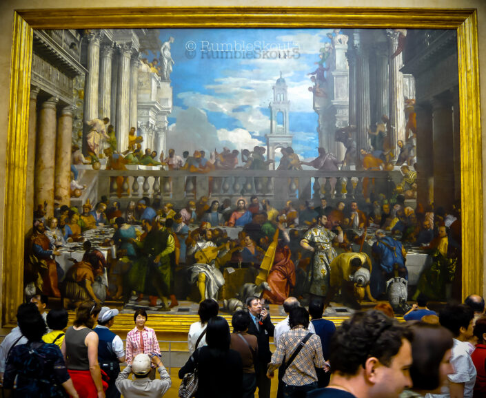 The Famous Large-Scale Painting, Wedding Feast at Cana by Veronese Paolo Caliari at the Louvre Museum and contemporary guests. Who Needs a Vineyard when Jesus Attends your Wedding. 1st arrondissement of Paris.