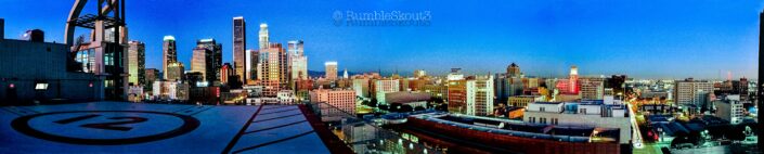 Panorama Stitching of (3) 35mm negatives, from a helipad @ Renaissance Tower, South Park, DTLA with Los Angeles skyline in the distance. A Closer Look at the Blue Dot of the West Coast Panorama Stitching