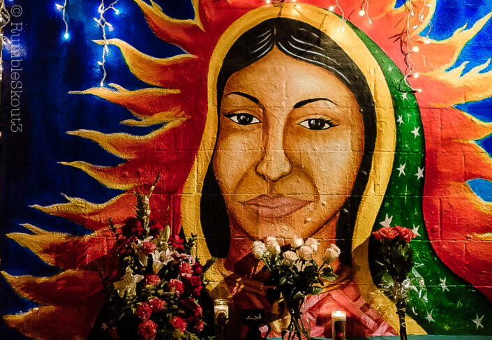 A Los Angeles mural of Juan Diego's interpretation of Goddess Tonantzin created Nuestra Señora de Guadalupe in Lincoln Heights. Divine Feminine on Tepeyac Hill