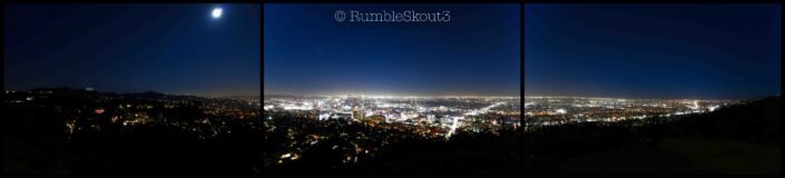 A Panorama Triptych, of (3) images on one file of (3) sides of The City of Angels basin and cityscape from Runyon Canyon Park, Hollywood Hills with a supermoon above. (night)