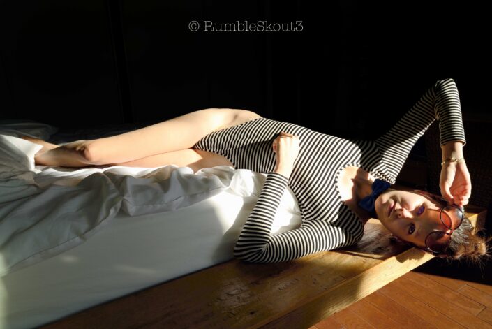 (french model bodysuit) (Natural Light Fashion Photography) West Hollywood nikon photo session striped bodysuit Santos Platform Bed