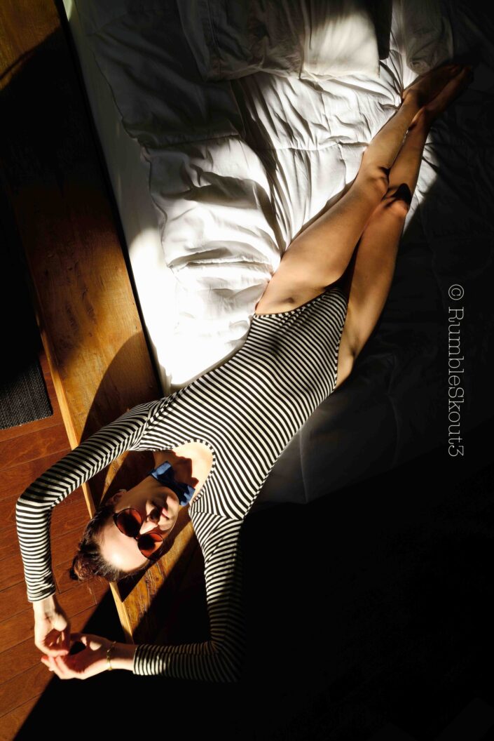 (french model bodysuit) (Natural Light Fashion Photography) West Hollywood nikon photo session striped bodysuit Santos Platform Bed