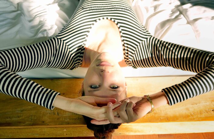 (french model bodysuit) (Natural Light Fashion Photography) (different-colored eyes) West Hollywood nikon photo session amber eye green eye Santos Platform Bed