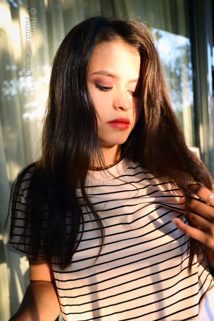 An Indigenous Mexican Nikon fine art Natural Light Fashion Photography session of Veronica Lake reincarnated in the flesh Enjoying the Silence by a Hilfiger-Fashion-amber-eyed-American-beauty-fashion model.