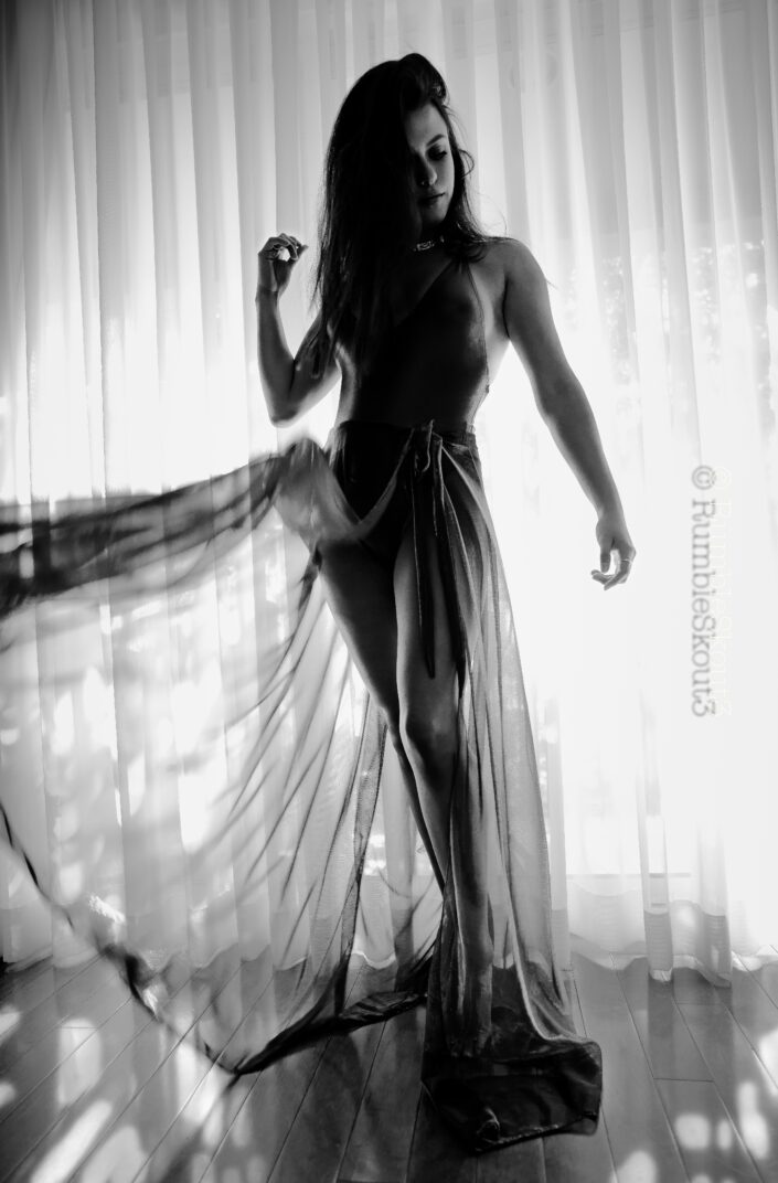 Taunting a Bull in a natural light fashion photography session, with a sheer- bullfighting cape, an American woman portrait is created in West Hollywood.