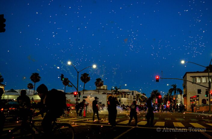 (M80 Battle on the Corner of Rodeo Drive & Santa Monica Blvd) (LA 2020 Protest) City of Beverly Hills (cop) (magic hour) (fireworks) (social unrest)