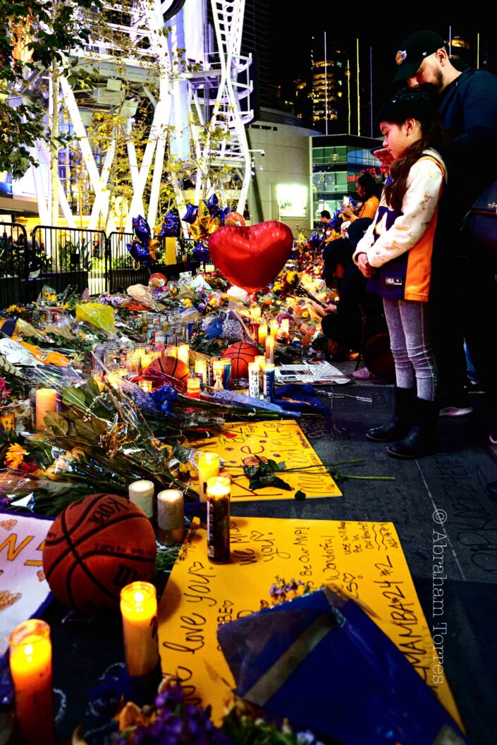 (Heart Floating over Kobe's LA Live Memorial) (Mourning the Death of Kobe & Gianna Byrant) (Year 2020 Los Angeles) (DTLA) (night) (heart balloon)