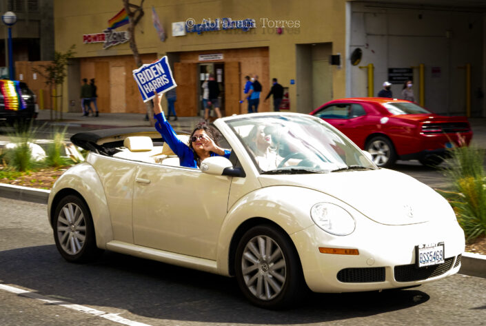 (Year 2020 Los Angeles) (Joe Biden 2020 Election Celebration) (VW Beetle Convertible) (Santa Monica Blvd) (West Hollywood)