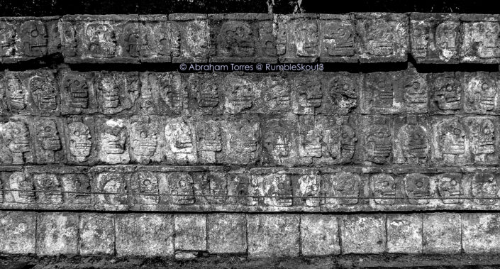 (Site skull racks or tzompantli in Nahuatl) The Great Ball Court side panels of Chichén Itzá México Fine Art Collection (UNESCO World Heritage) (black and white) Yucatán Peninsula (wall)