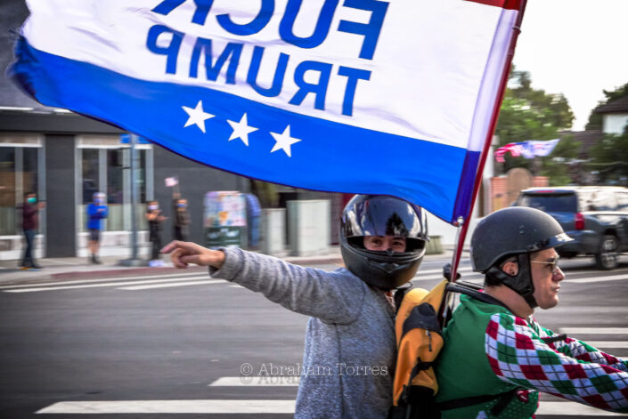 (Flying Fuck Trump Flag) Year 2020 Los Angeles (Joe Biden 2020 Election Celebration) (Santa Monica Blvd) (West Hollywood) (motorcycle)